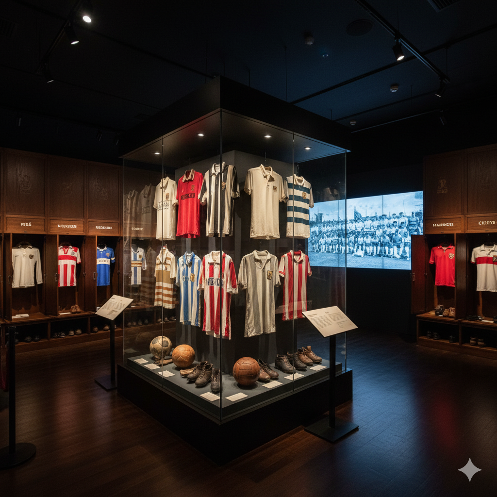 Una colección de camisetas de fútbol clásicas colgadas en una pared