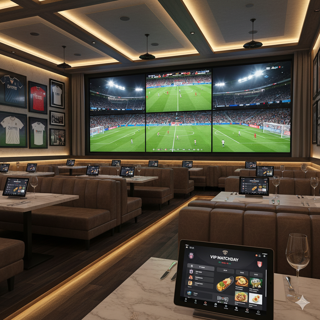 Una lujosa sala VIP con cómodos asientos y grandes pantallas