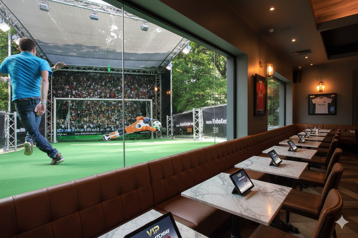 Un jugador de fútbol patea una pelota hacia una portería de alta tecnología